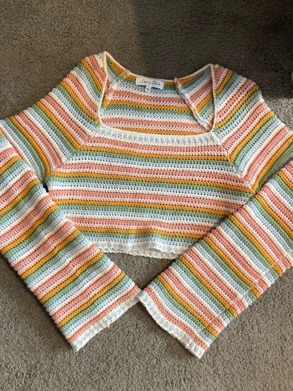 Striped Crochet Crop Sweater - Pastel Multi